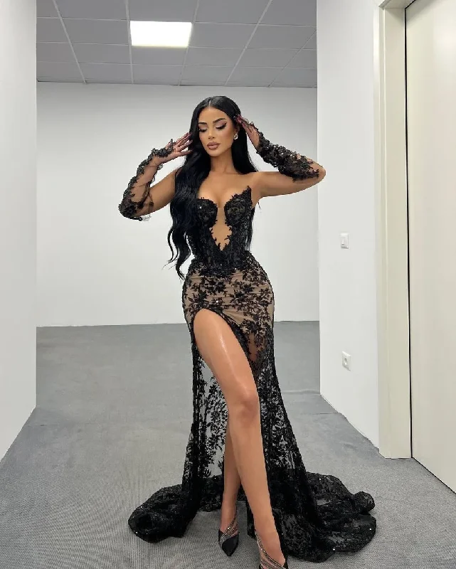 chic shift dressClassic Black Lace Evening Dresses with Detachable Sleeves Sexy Slit Appliques Mermaid Formal Gown 2024 Prom Party Dress Custom