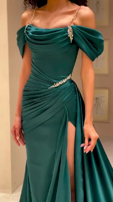 cocktail dressOff-the-Shoulder Mermaid Evening Dress High Split Long With Pleats Beads Y5904