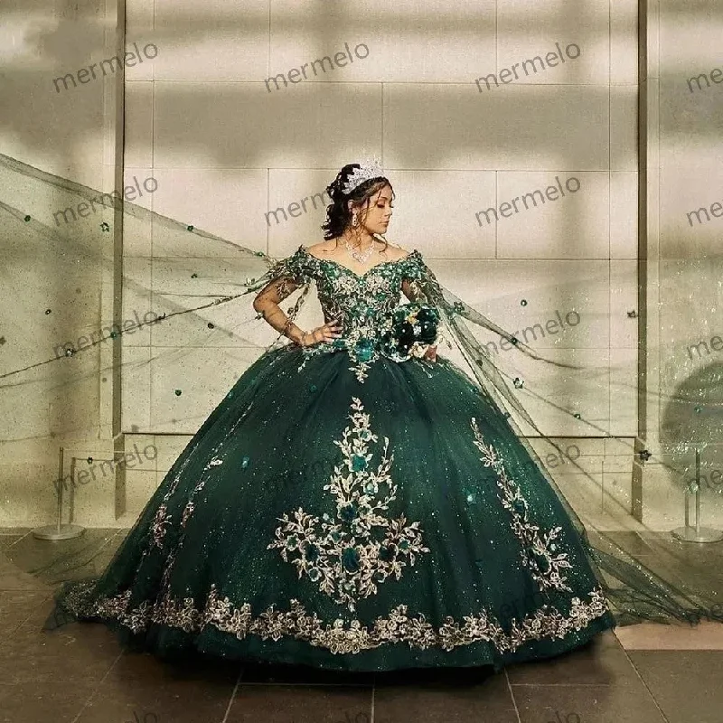 midi dressGreen Quinceanera Dresses With Cape Gold 3D Flowers Beading Lace