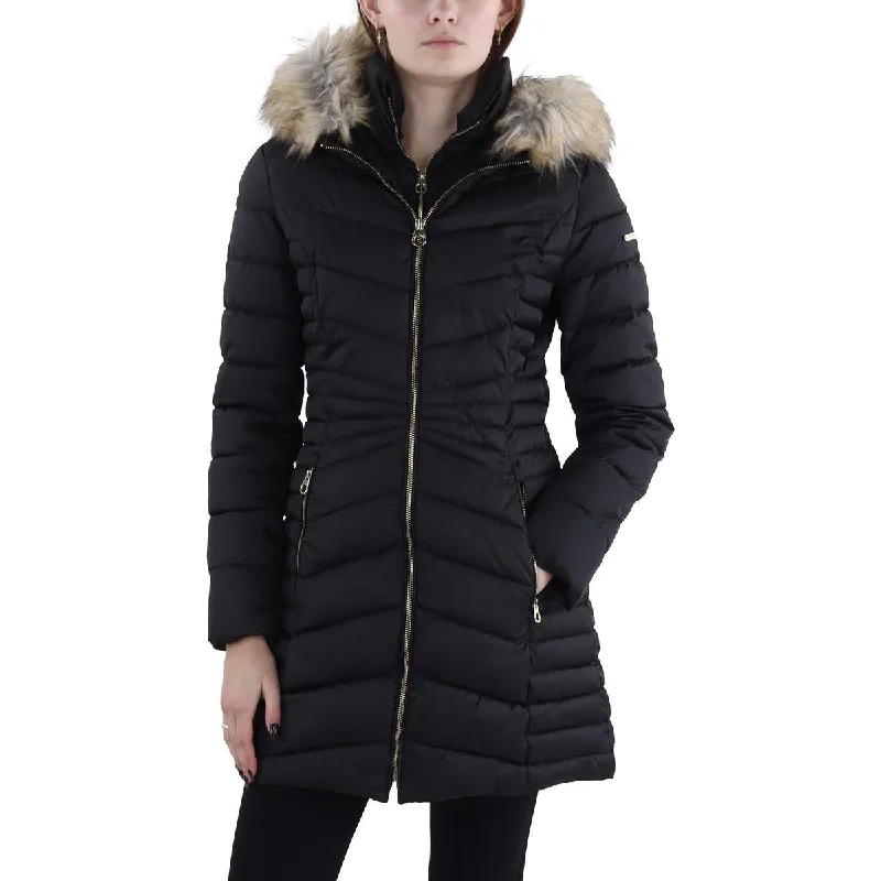 casual utility jacketWomens Faux Fur Trim Hooded Puffer Jacket