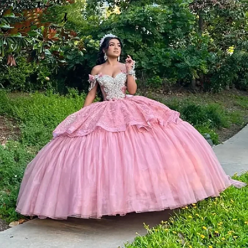 casual knit dressPink Off The Shoulder Lace Ruffles Mexican Quinceanera Dress Ball Gown Beading Tassel Crystal Corset Vestidos De XV Anos