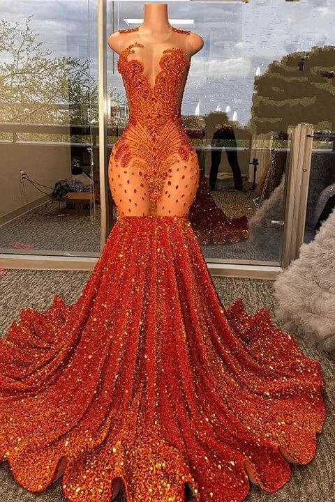 stylish dressGlamorous Burnt Orange Scoop Sleeveless Mermaid Formal Dresses With Sequins Beadings