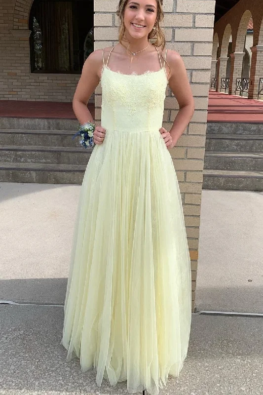 textured dressStraps A-Line Yellow Long Prom Dress with Slit