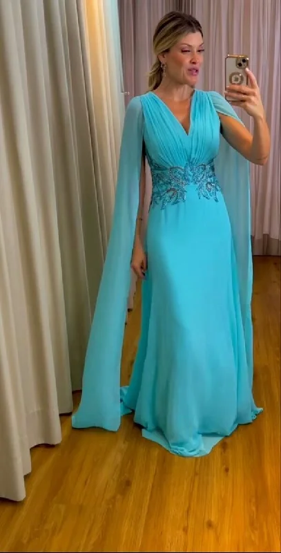 floral midi dressSky Blue Chiffon Mother of Bride and Groom Dress Evening Dress Y6266