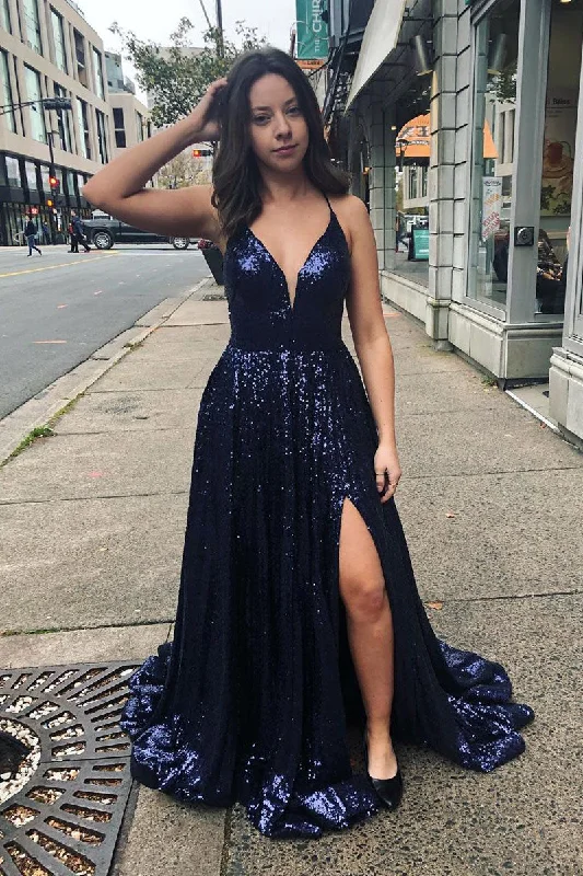 casual knit dressSparkly Straps Navy Blue Sequin Long Prom Dress with Slit