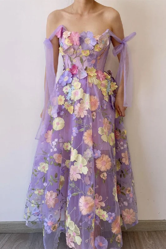 summer dressLavender Floral Embroidery A-line Formal Dress