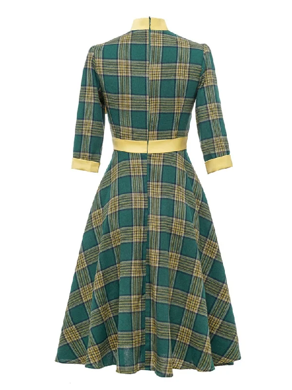 sleeveless dressBerriesJam - 2024 Tonval Bow Neck Plaid 3/4 Length Sleeve Midi Dress