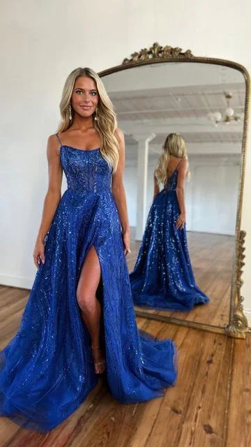 printed dressRoyal Blue Sparkle Tulle Sequined Slit Long Prom Dress with Beads