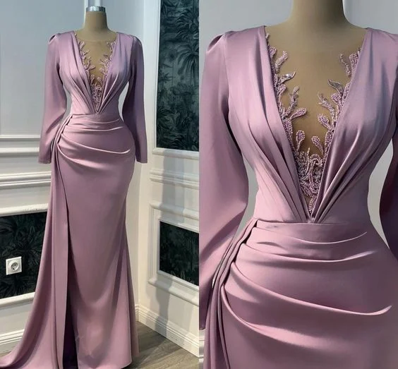 flowy dressVintage Prom Dress Long Sleeve Illusion V-neck Mermaid Evening Dress Floor Length Y6647