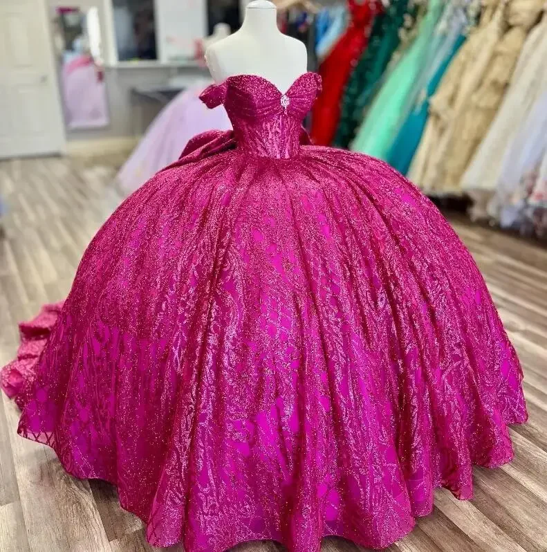 pleated dressFuchsia Pink Glitter Crystal Sequined Quinceanera Dresses Ball Gown Off The Shoulder Beading Tull Corset Vestidos 15 De XV Anos