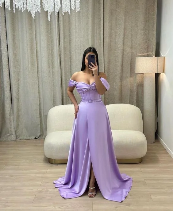 chic dressPurple Off The Shoulder A-line Prom Dress,Senior Prom Gown Y7219