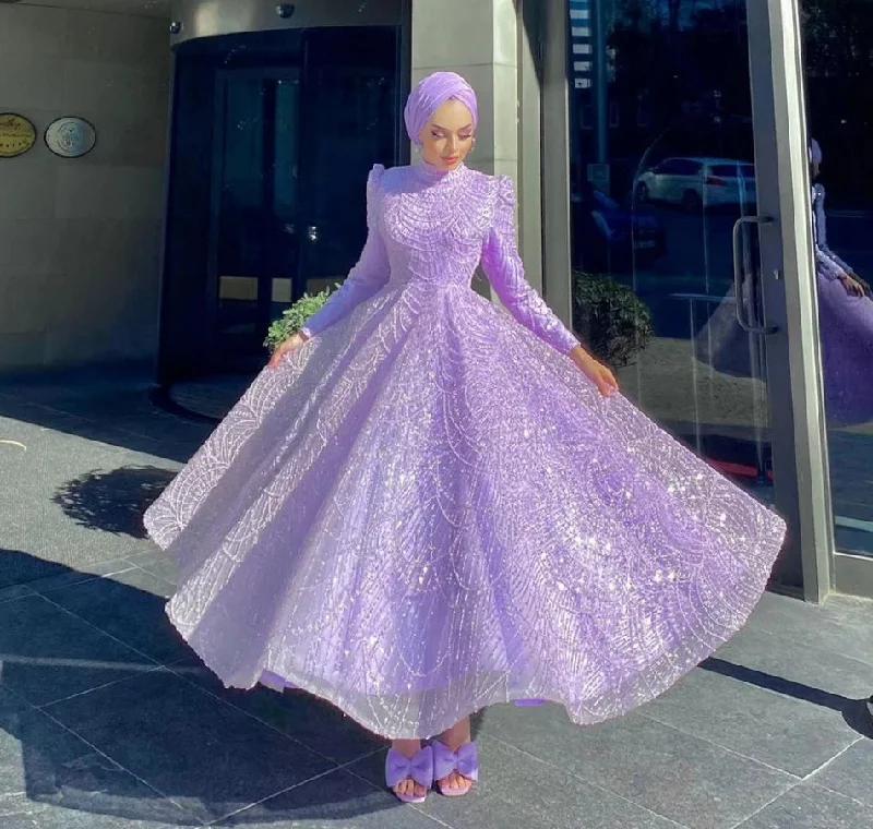 ruffle dressLavender Muslim Evening Dresses Long Sleeves Sequined A-Line Formal Party Gowns Ankle Length Saudi Arabic Prom Dress Dubai