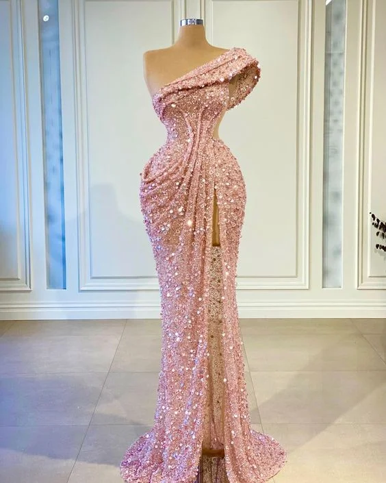 elegant evening dressOne Shoulder Prom Dresses, Side Slit Prom Dresses, One Shoulder Evening Dresses Y6669