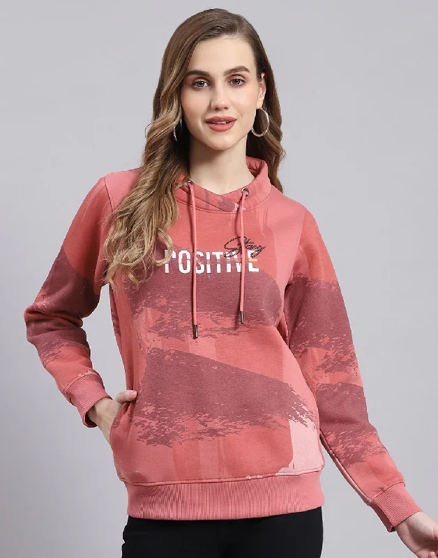 chic fitness hoodieWomen Peach Printed Round Neck Full Sleeve Sweatshirt