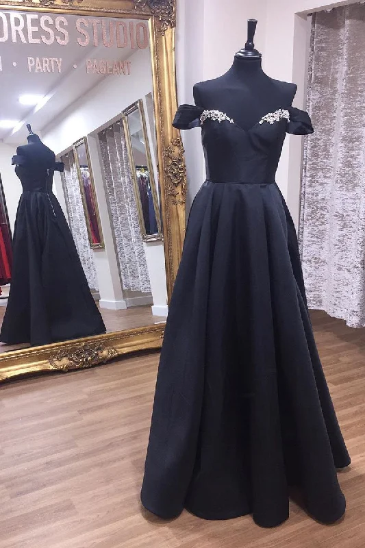 long sleeve dressOff Shoulder A-Line Black Long Prom Dress with Beading Top