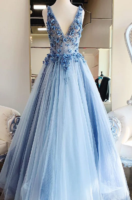 formal dressPrincess Light Blue Beaded Long Prom Dress with Appliques