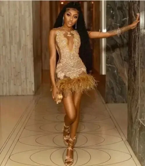 structured dressFeather See Through Women Gold African Cocktail Dresses Beaded Birthday Party Gowns Short Black Girl Prom Dresses Homecoming