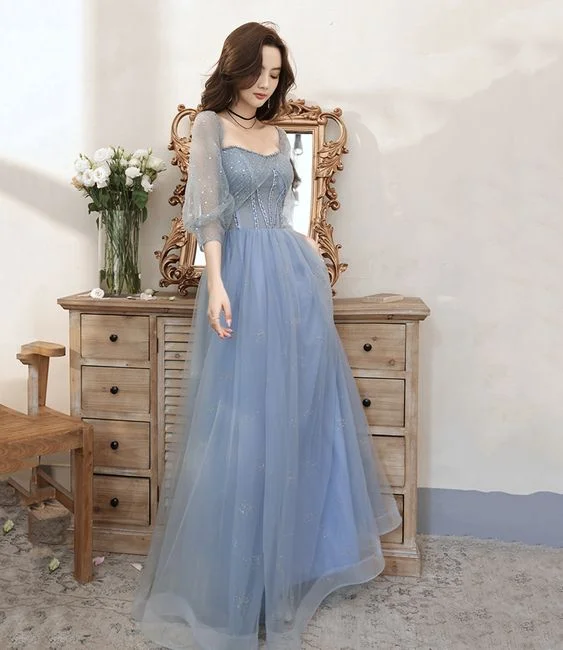 layered dressBlue tulle beaded long prom dress blue evening dress Y5835