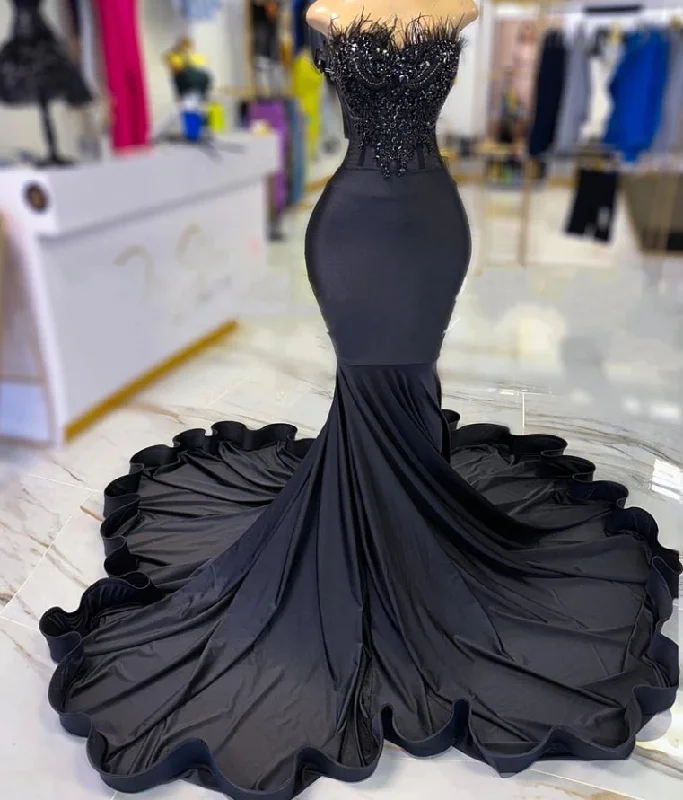 pleated maxi dressElegant Strapless Long Prom Dress For Black Girls Beaded Crystal Birthday Party Dresses Feathers Evening Gowns Mermaid Lace