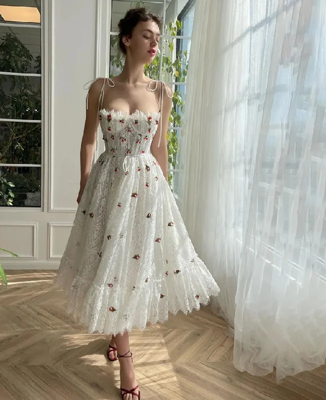 off-shoulder dressWhite Fairy Lace Midi Prom Dresses Sweetheart Cherry Appliques Wedding Party Dresses for Women A-Line Graduation Gowns