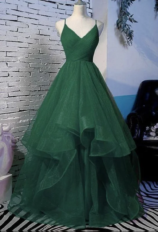 wrap-around dressGreen A-Line V-Neck Glitter Pleated Long Tulle Prom Dress/Evening Dress Y6440