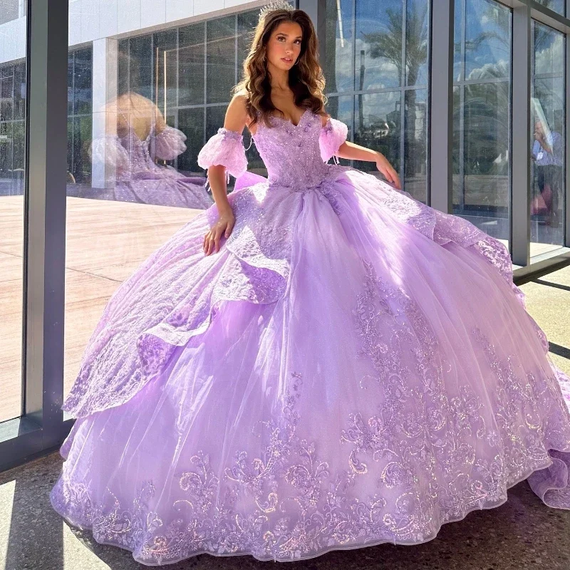 flowy evening dressLavender Sweetheart Quinceanera Dresses Party Off the Shoulder Evening Prom Dress for Women Tulle Applique Lace Beads Ball Gown