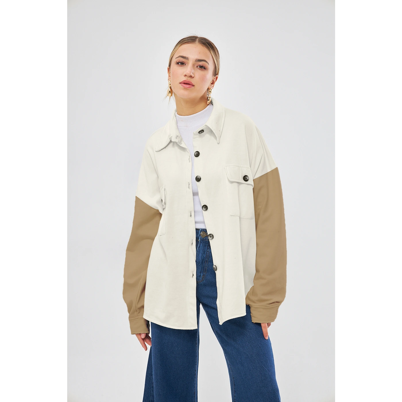 warm athletic hoodieOff-White Contrast Sleeves Oversized Shacket