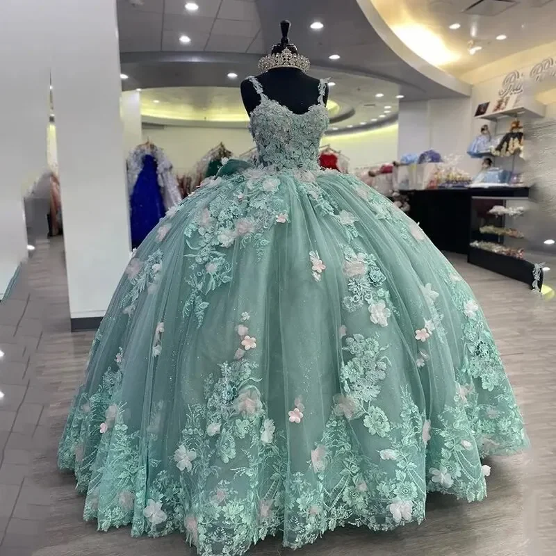 spaghetti strap dressSage Green Princess Ball Gown Quinceanera Dresses Spaghetti Strap 3DFlowers Appliques Sweet 16 Dress Lace-Up Vestidos De 15 Años