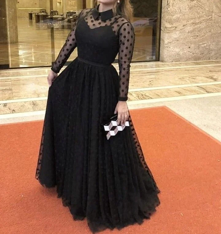 long-sleeve floral dressBlack A-line Long Sleeves Prom Dress,Black Evening Dress Y5691