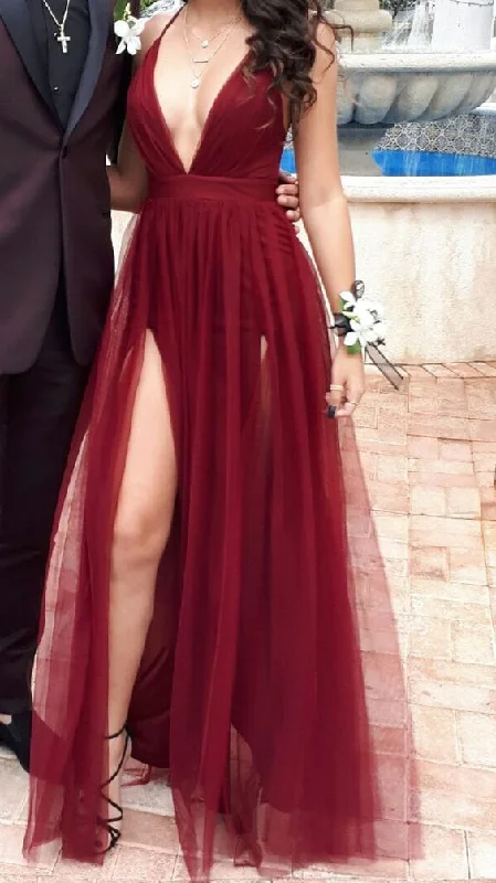 oversized dressSexy Burgundy V Neck A-line Tulle Prom Dress,Senior Prom Gown Y7071