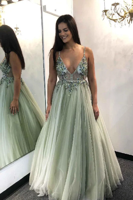 elegant evening dressA-Line Beaded Sage Green Tulle Prom Dress