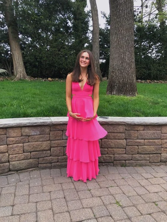 textured dressElegant Hot Pink Tiered Prom Dress,Hot Pink Formal Gown Y7017