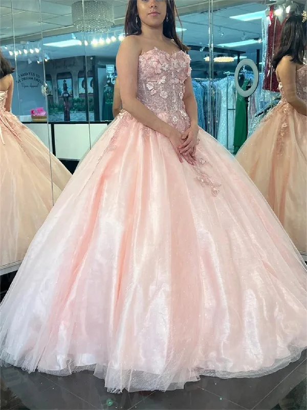 stylish dressPink 3D Floral Lace Strapless Ball Gown Strapless Appliqued Quinceanera Dress 2024 New Arrival Vestidos De 15 Quinceañera