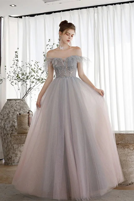 A-line dressA-Line Strapless Beaded Tulle Long Prom Dress