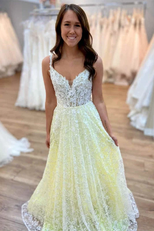 floral wrap dressSpaghetti Straps V-Neck Yellow Lace Long Prom Dress