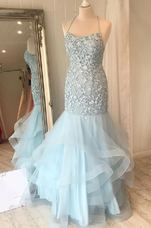 chic slip dressGorgeous Mermaid Light Blue Long Formal Dress