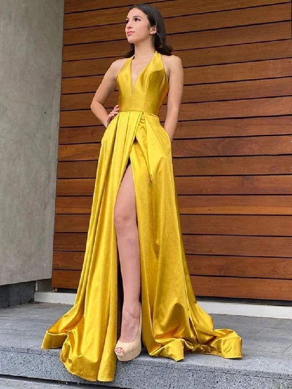 mini dressHalter V Neck Backless Yellow Long Prom Dresses with High Slit, Backless Yellow Formal Graduation Evening Dresses