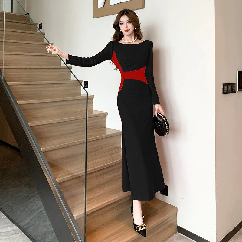 stylish party dressWomen's High Class Elegant Contrast Color Slim Fit Dress Sheath Fishtail Dress