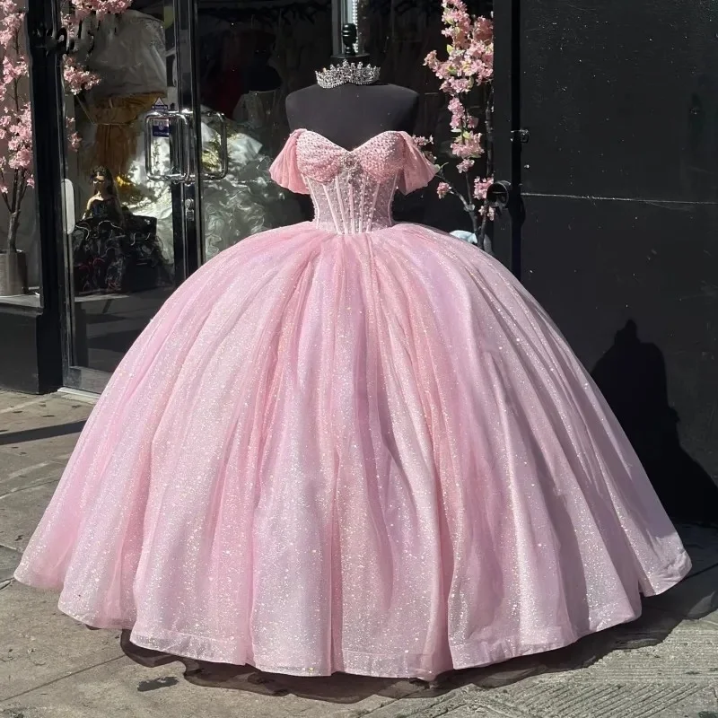 long-sleeve floral dressElegant Pink Quinceanera Dresses Beading Sweetheart Sequin Sweet 16 Prom Gowns Shinny Pageant Dress