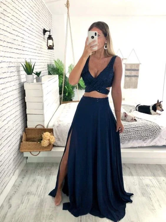 trendy wrap dressElegant Two Piece Navy Blue Prom Dress,Graduation Dress  Y7063