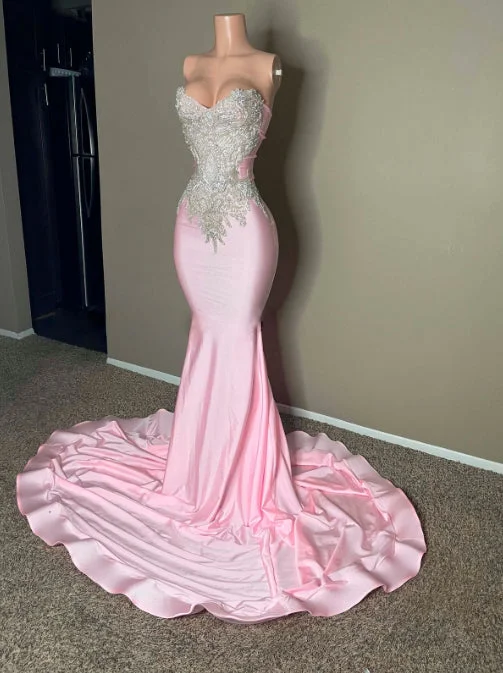 lace dressChic Pink Strapless Sleeveless Mermaid Prom Dress with Embroidery