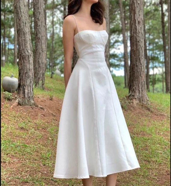 luxury dressSimple White A-line Midi-length Prom Dress,White Party Gown  Y7143