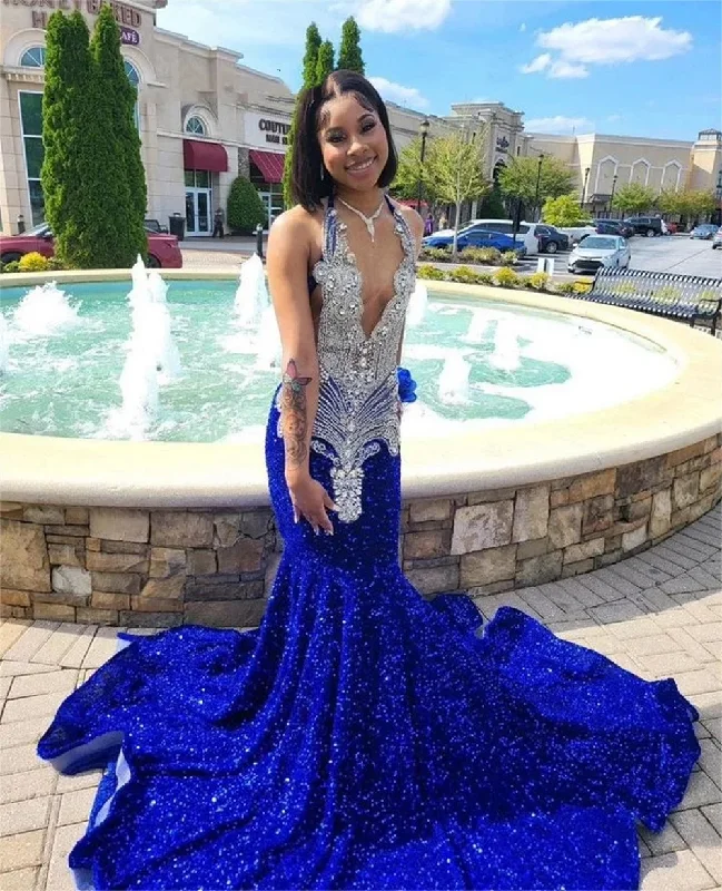 sleeveless dressGlitter 2024 Royal Blue Sequin Mermaid Prom Dresses Sexy Halter Neck For Black Girls Cocktail Birthday Party Gowns African robe