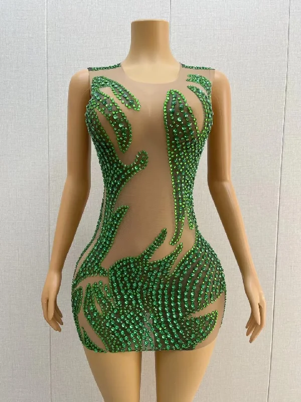 boho dressGreen Rhinestones Sexy Nude Transparent DressBirthday Celebrate See Through Outfit EveningWomen's Performance Costume lvyi C191