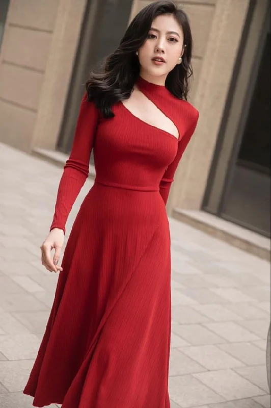 long sleeve dressRed A-line Long Sleeves Prom Dress,Red Party Gown Y7096