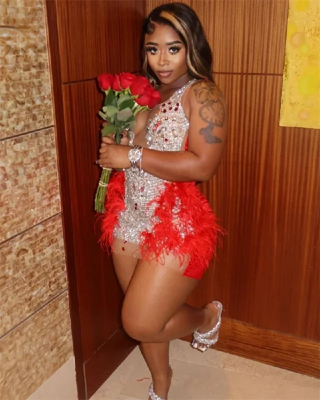 summer floral dressRed Luxury Sheer Feather Short Prom Dresses For Black Girls Sexy Women African Cocktail Dresses Birthday Party Homecoming