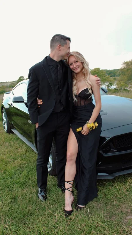 layered dressElegant Black Sweetheart Prom Dress With Split  Y6690