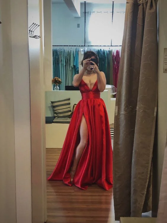 casual knit dressBeautiful Red Satin Prom Dress With Slit Y7162