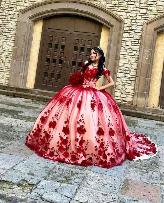 spaghetti strap dressCustom Made 3D Flower Red Lace Quinceanera Dresses Off the Shoulder Ball Gown Y6956