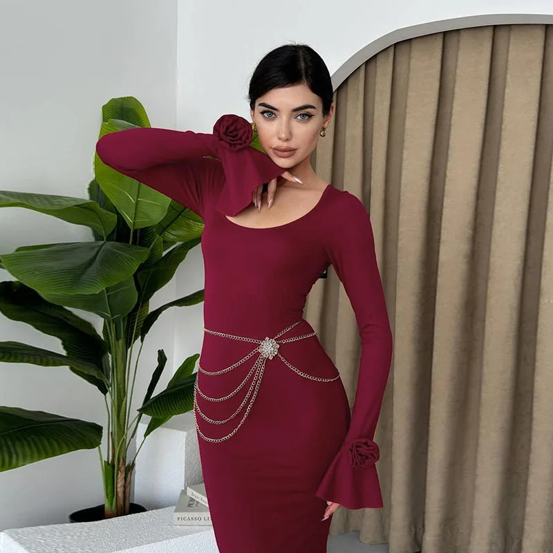 sleek midi dressRound Neck Rose Long Sleeve Dress Women